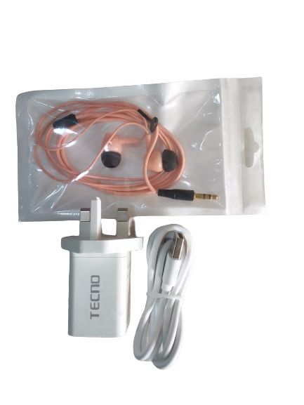 Original Tecno Fast Charger + Cord + Free Earpiece