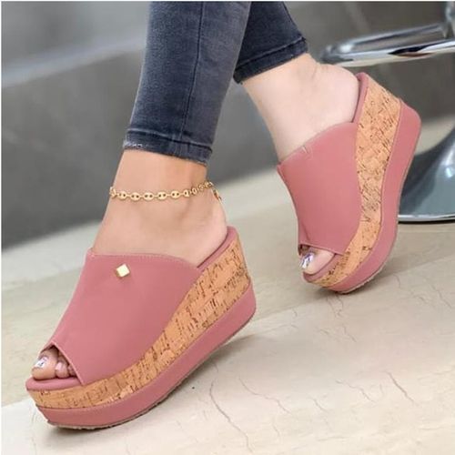Ladies Newest Flat Fancy Slippers Female Fashion Slope Heel Slippers Casual Slippers Sandals Fish Mouth-Pink