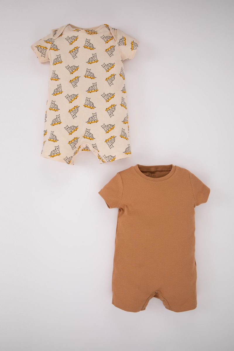2 Piece BabyBoy New Born Regular Fit Short Sleeve Bike Neck Knitted Overalls - Beige