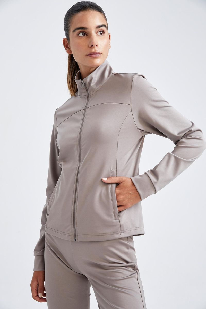 Woman - High Neck Standart Fit Knitted Cardigan-Grey