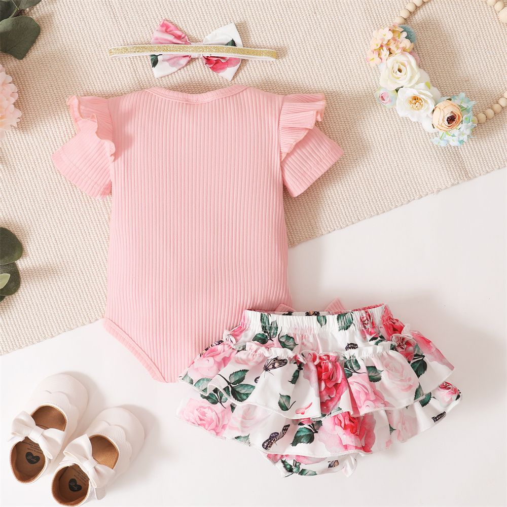 0-18 Months Baby Girl Summer Costumes Ribbed Bodysuit Floral Pants Set