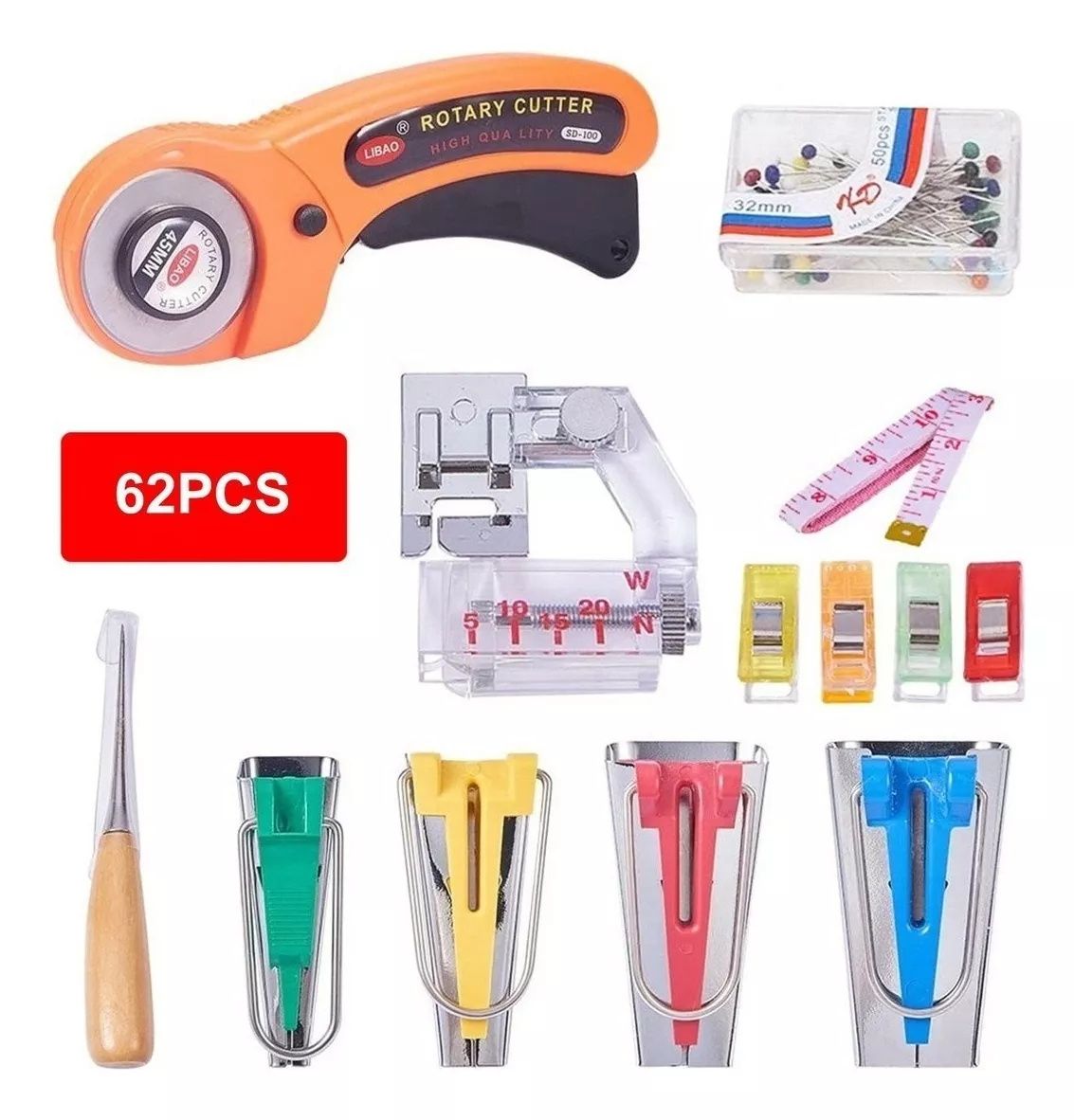 62Pcs Bias Tape Makers Set - Sewing Fabric Bias Tape Making Kit