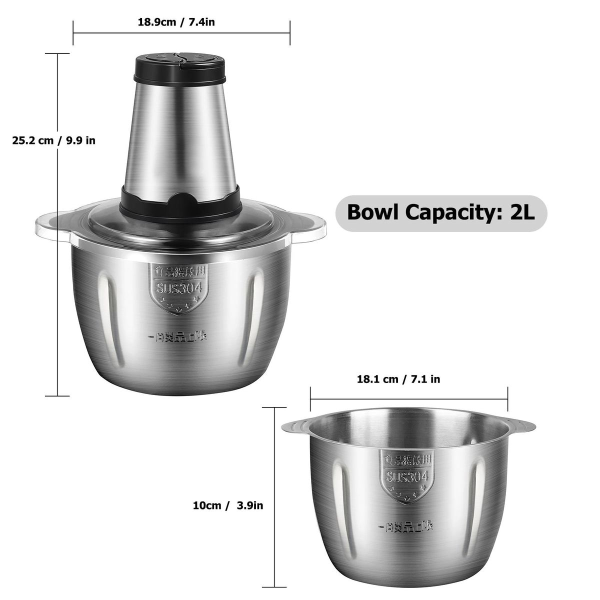 Electric Meat Grinder 2L Multi Function Stainless Steel Food Processor for Meat Vegetables Fruits Nuts 2-Speed Control Food Chopper for Home Kitchen Restaurants