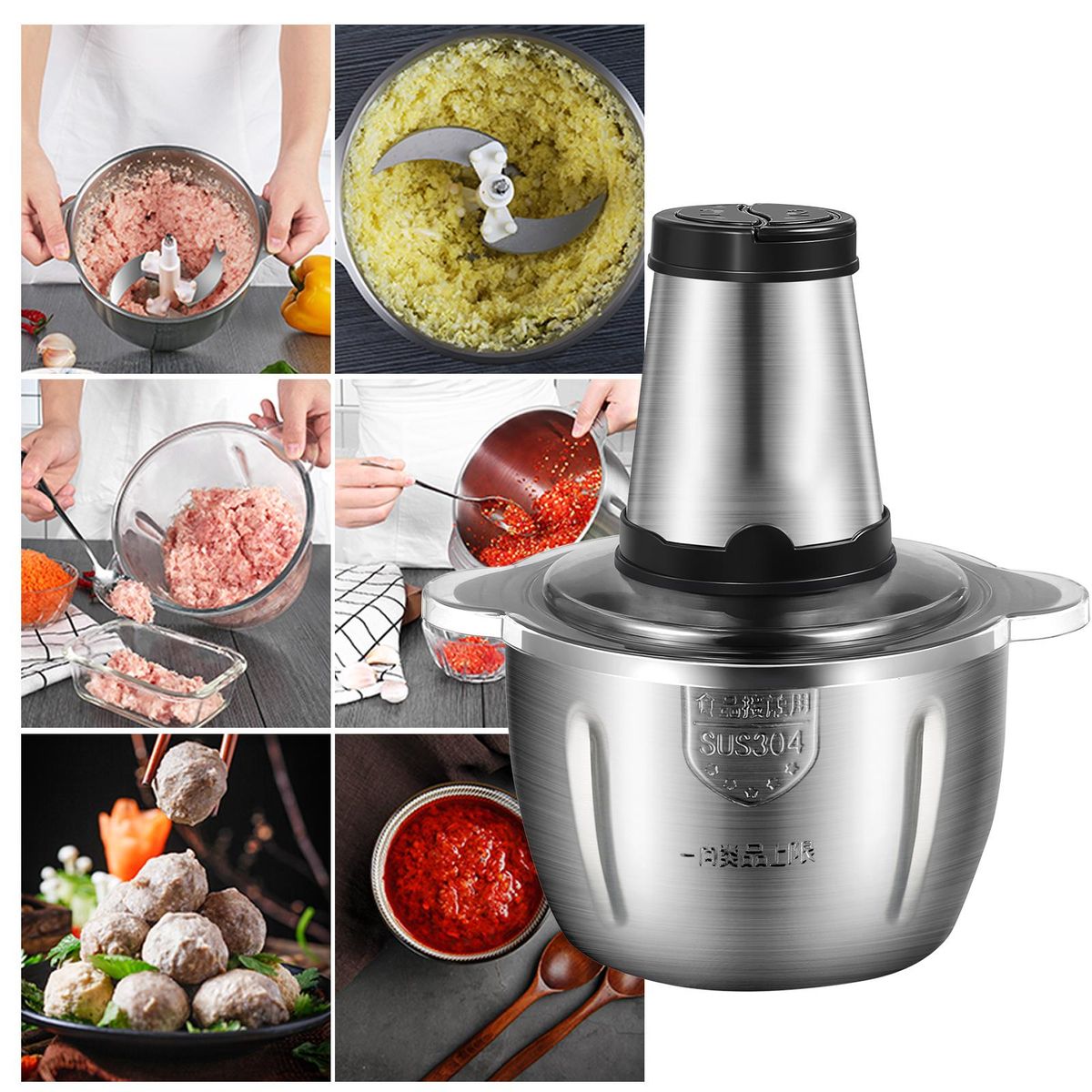 Electric Meat Grinder 2L Multi Function Stainless Steel Food Processor for Meat Vegetables Fruits Nuts 2-Speed Control Food Chopper for Home Kitchen Restaurants