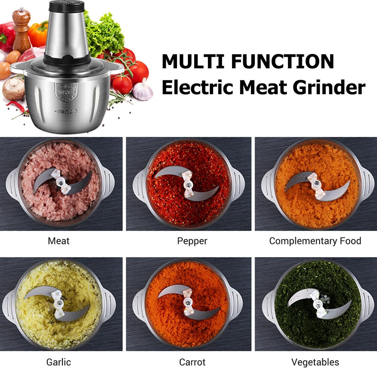 Electric Meat Grinder 2L Multi Function Stainless Steel Food Processor for Meat Vegetables Fruits Nuts 2-Speed Control Food Chopper for Home Kitchen Restaurants