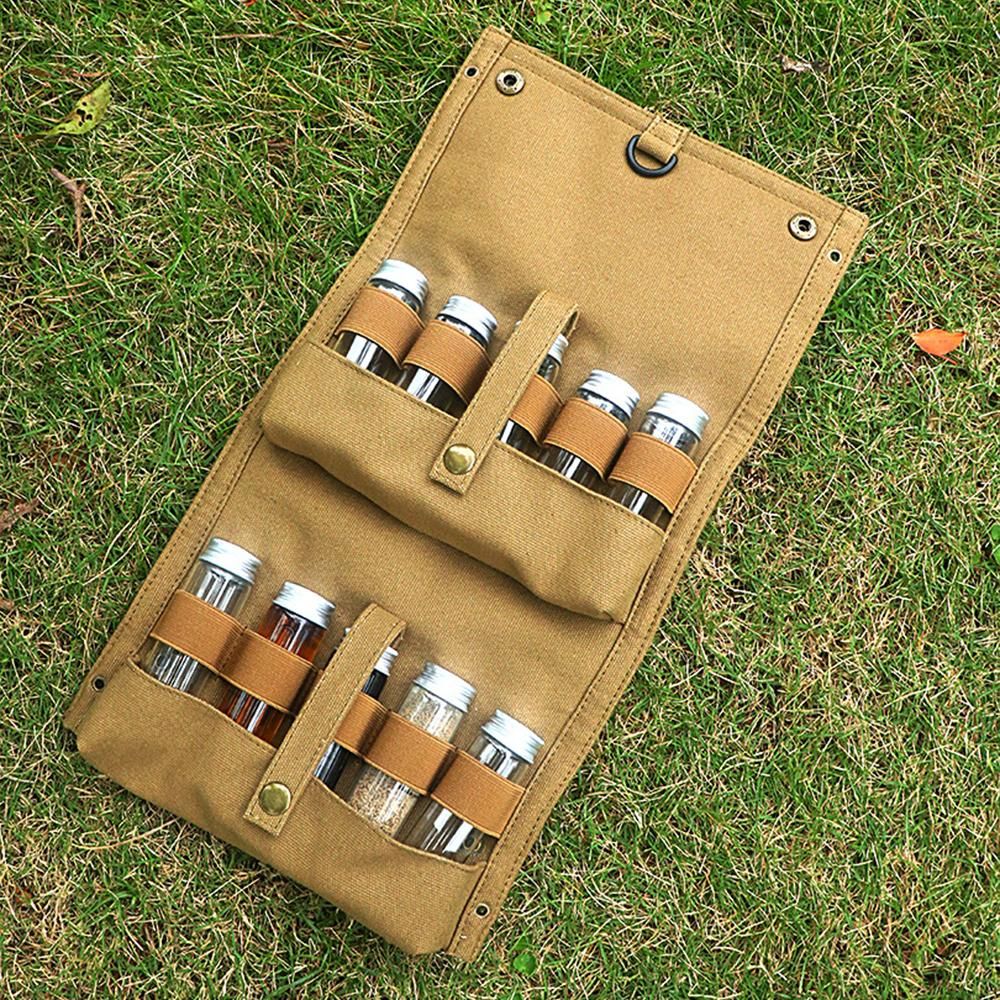 TOMSHOO Portable Spice Bag with 10 Spice Jars Canvas Seasoning Storage Bag Organizer Seasoning Bottle Holder with Condiment Bottle Set for Outdoor Camping BBQ Picnic