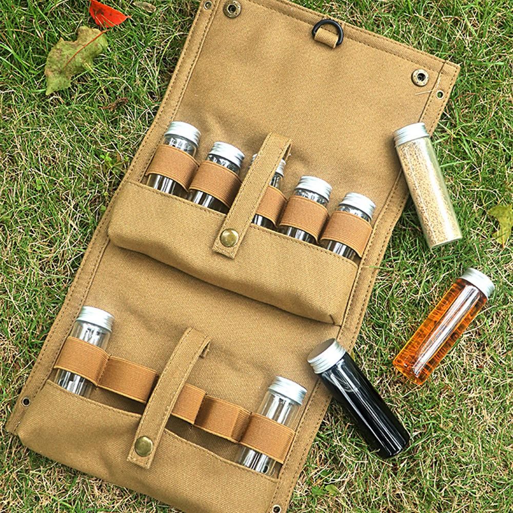 TOMSHOO Portable Spice Bag with 10 Spice Jars Canvas Seasoning Storage Bag Organizer Seasoning Bottle Holder with Condiment Bottle Set for Outdoor Camping BBQ Picnic