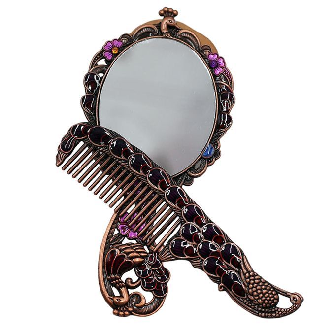 Embossing Oval Peacock Table Princess Mirror & Comb With Handle