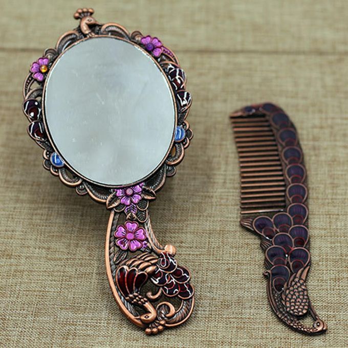 Embossing Oval Peacock Table Princess Mirror & Comb With Handle
