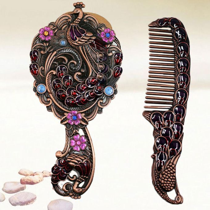 Embossing Oval Peacock Table Princess Mirror & Comb With Handle