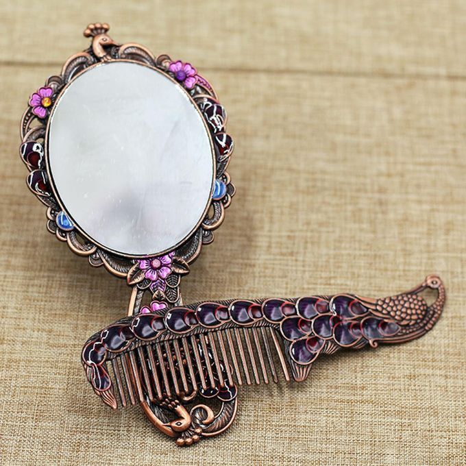 Embossing Oval Peacock Table Princess Mirror & Comb With Handle