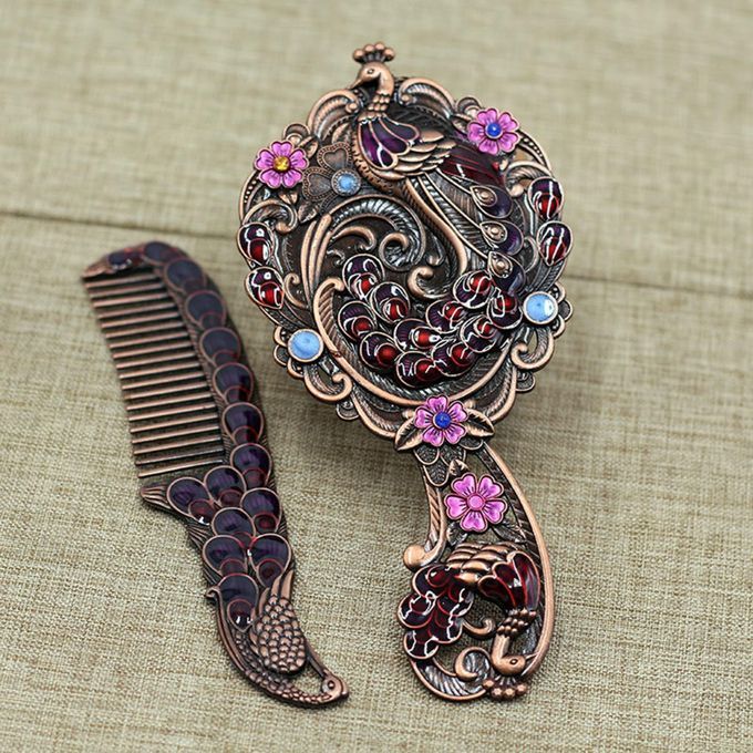 Embossing Oval Peacock Table Princess Mirror & Comb With Handle