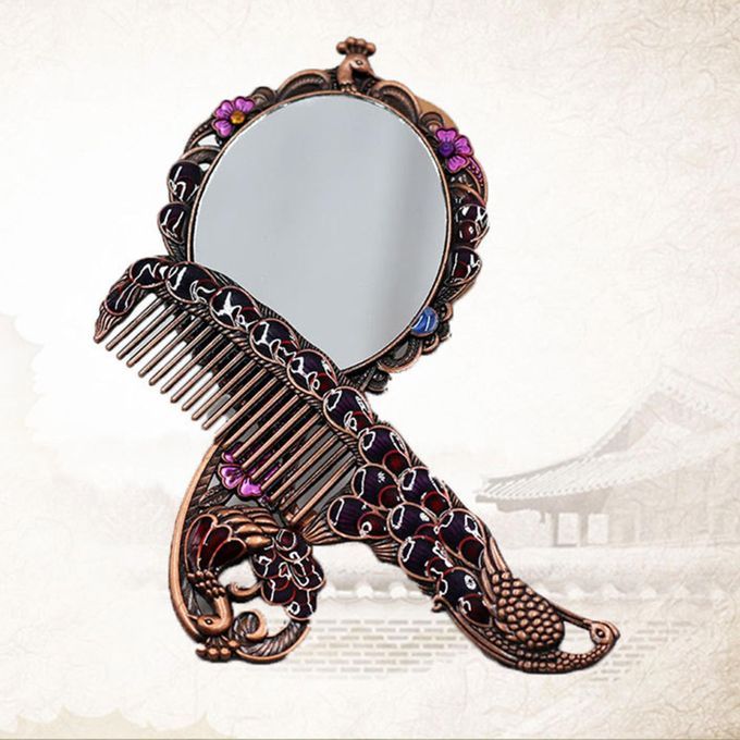 Embossing Oval Peacock Table Princess Mirror & Comb With Handle