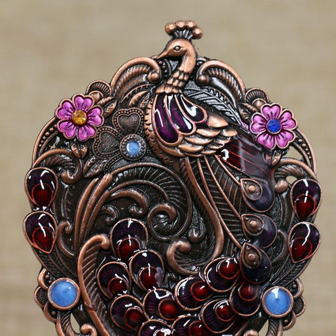 Embossing Oval Peacock Table Princess Mirror & Comb With Handle