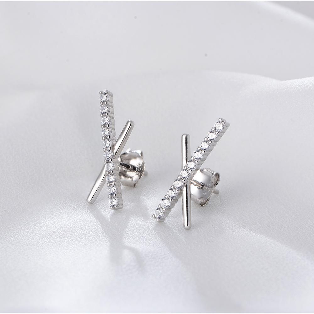 S925 Sterling Silver Full Diamond Zircon Earrings with Geometric Cross X Silver Earrings