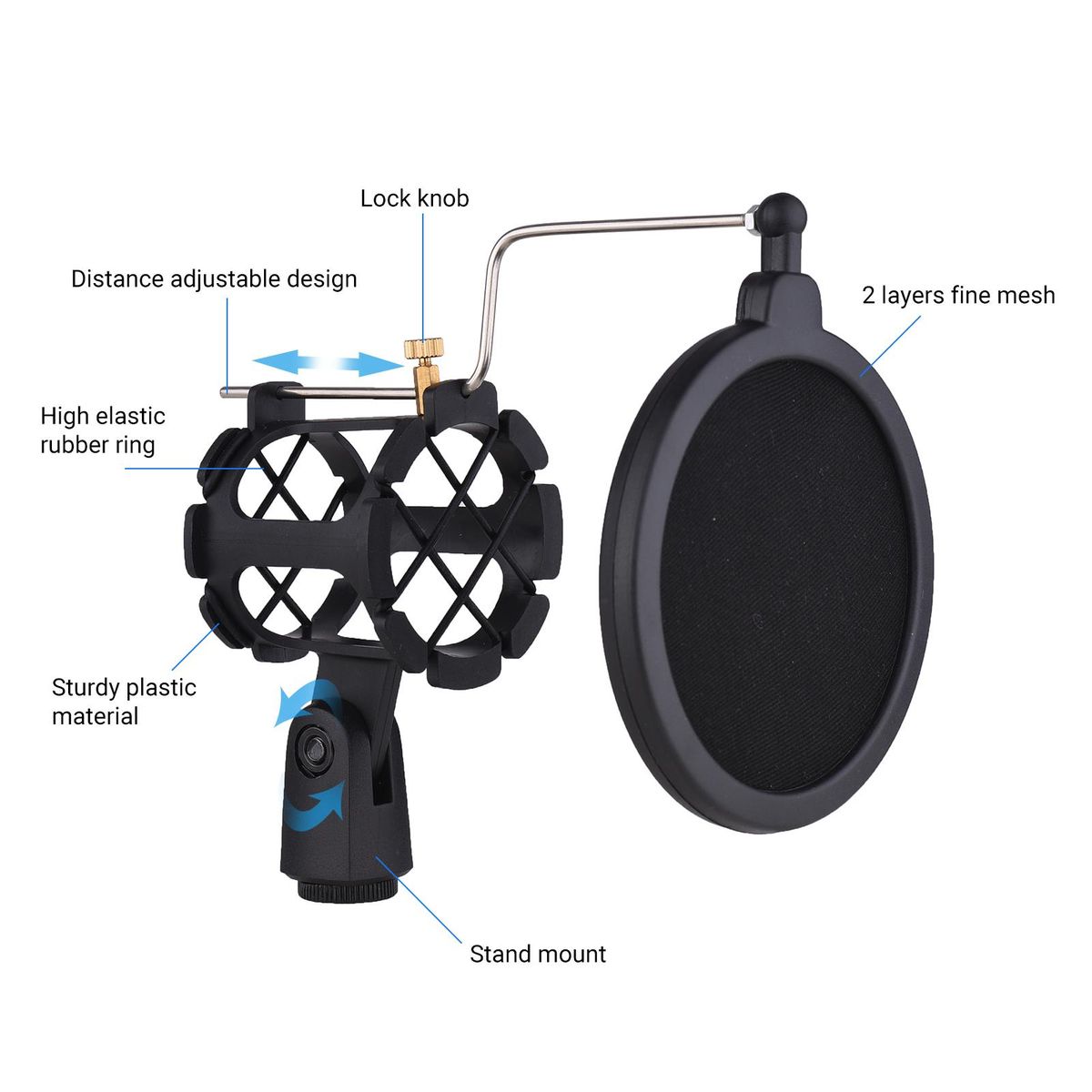 Plastic Microphone Shock Mount Anti-vibration Mic Holder Stand with Pop Filter Universal Screw Adapter for Diameter 2cm-4cm Thin Condenser Microphone
