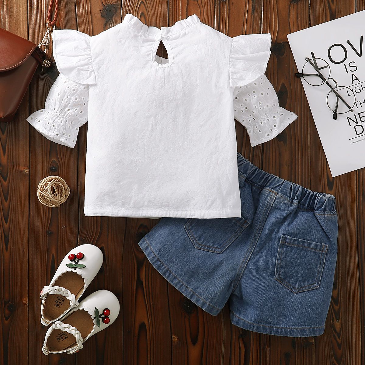 2-6Y Kid Girls Eyelet Half Sleeves Blouse Denim Shorts