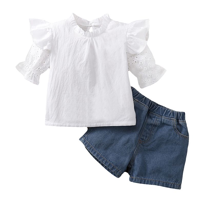 2-6Y Kid Girls Eyelet Half Sleeves Blouse Denim Shorts