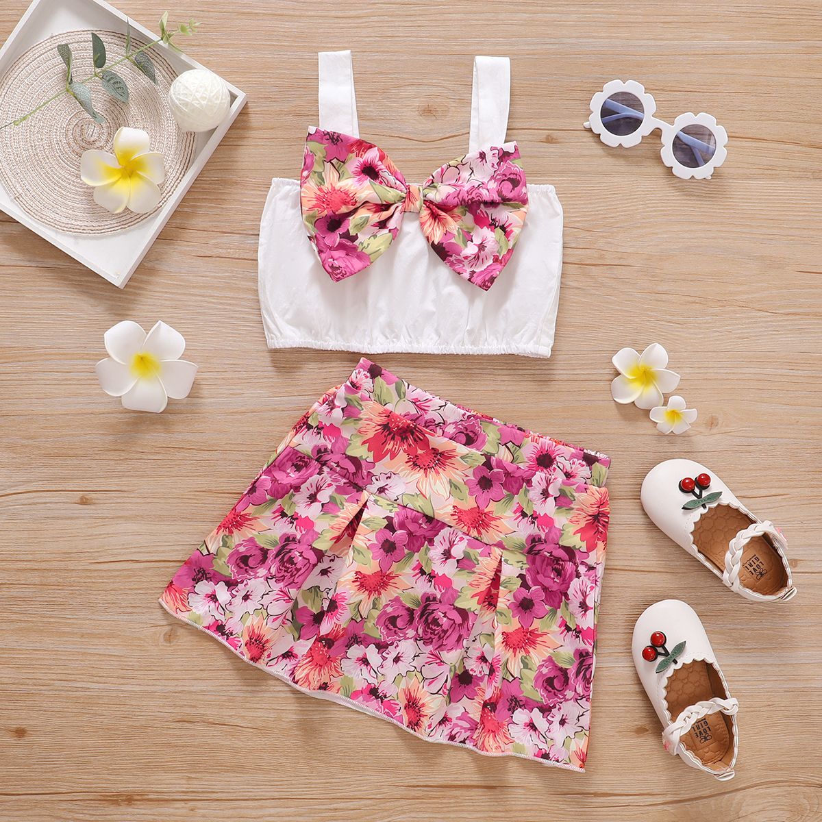 1-6Y Kid Girls Dresses Floral Bow Sling Tank Tops Shirt Elastic Waist Skirt