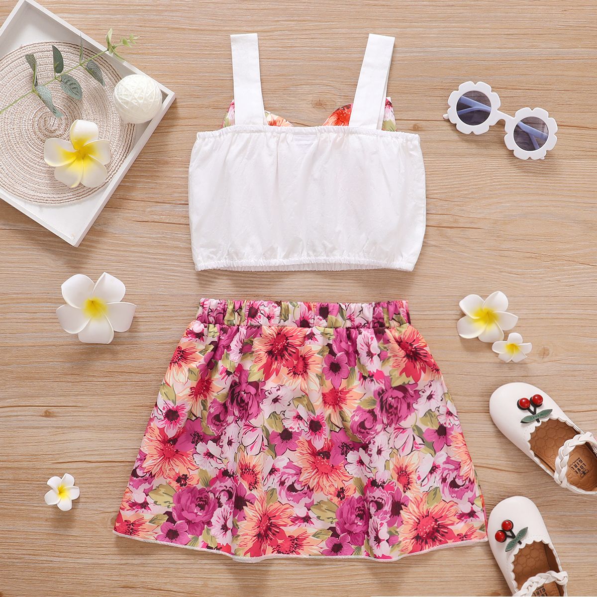1-6Y Kid Girls Dresses Floral Bow Sling Tank Tops Shirt Elastic Waist Skirt