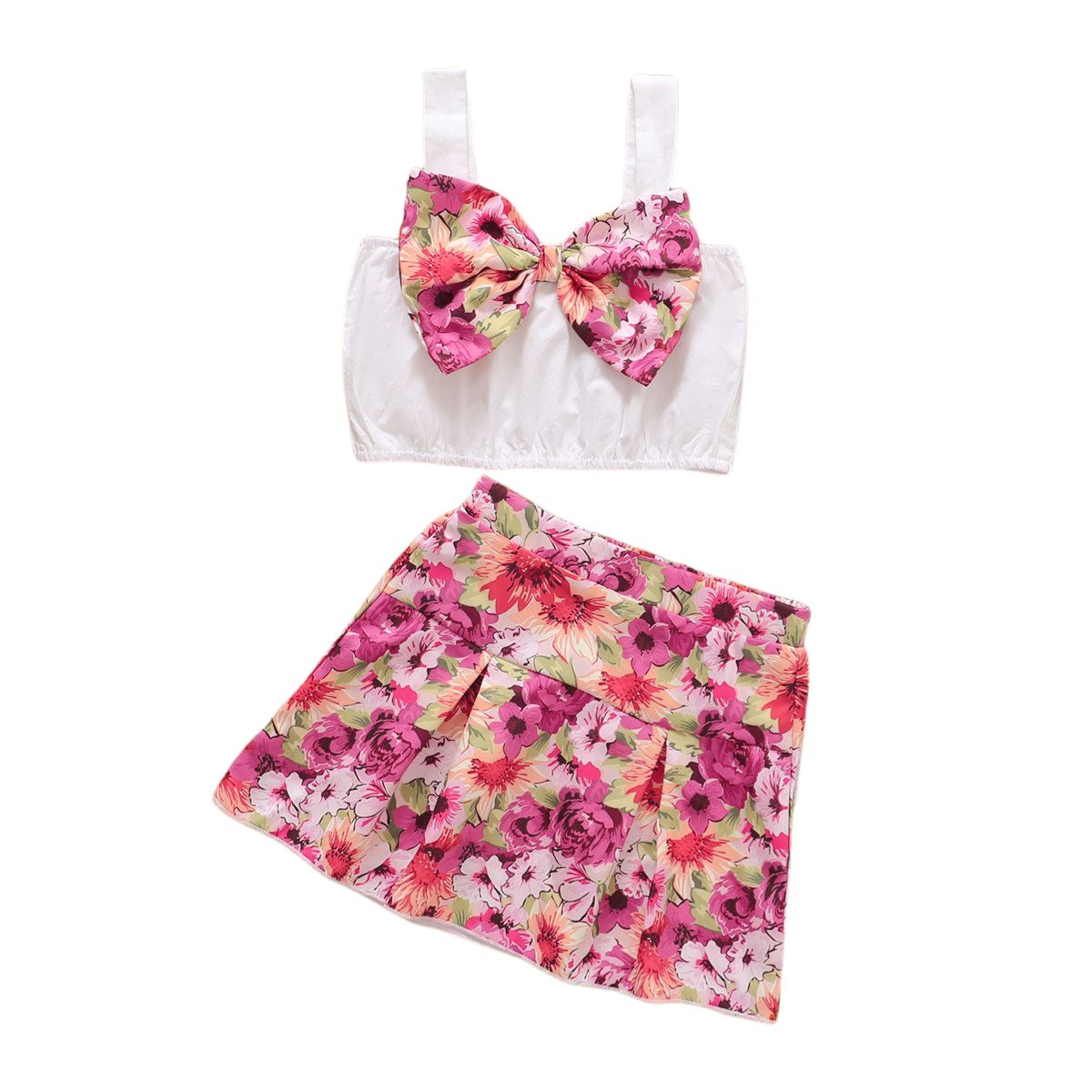 1-6Y Kid Girls Dresses Floral Bow Sling Tank Tops Shirt Elastic Waist Skirt