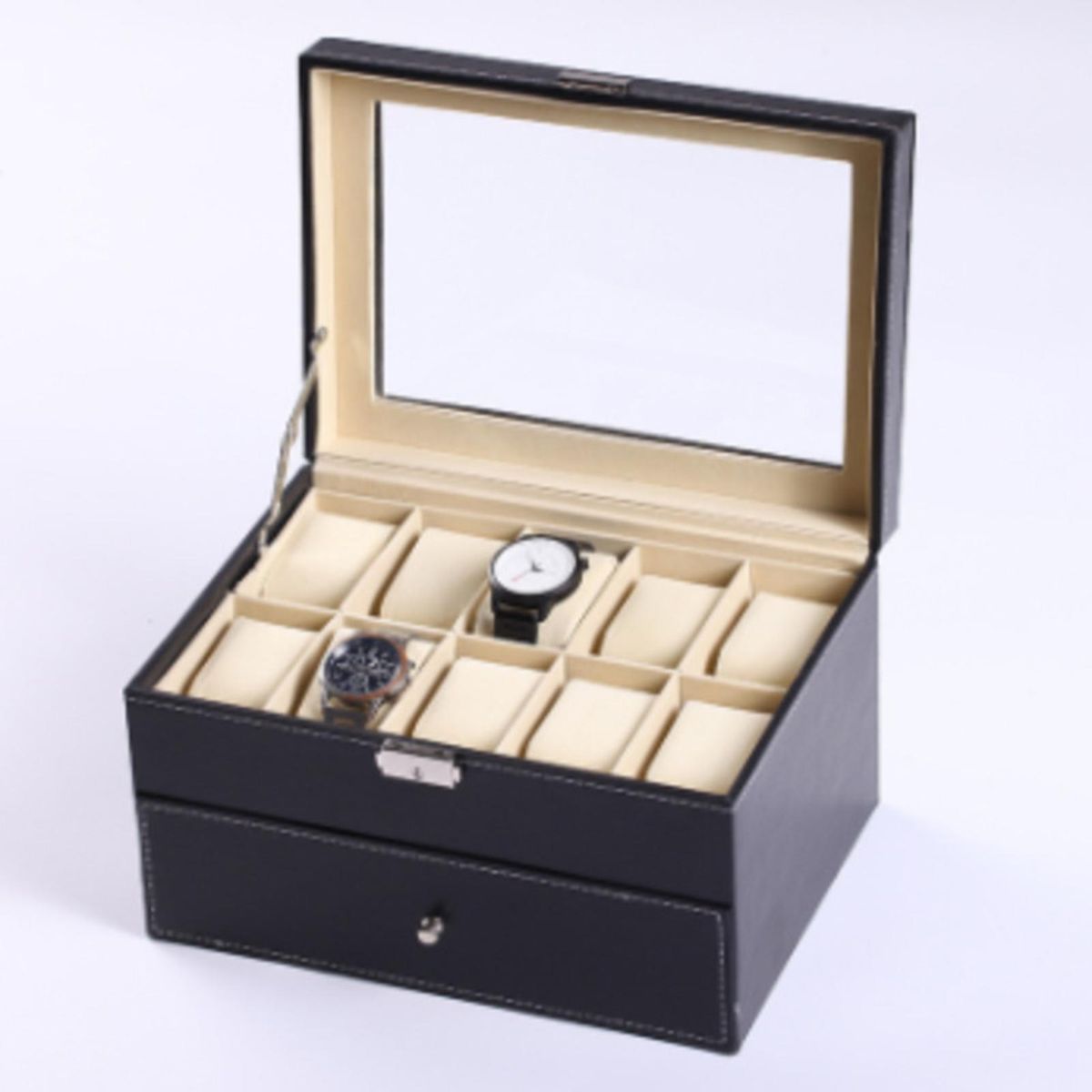 Double-layer Watch Storage Box Flannel Lining Fixed Buffer Buckle Lock Top Glass
