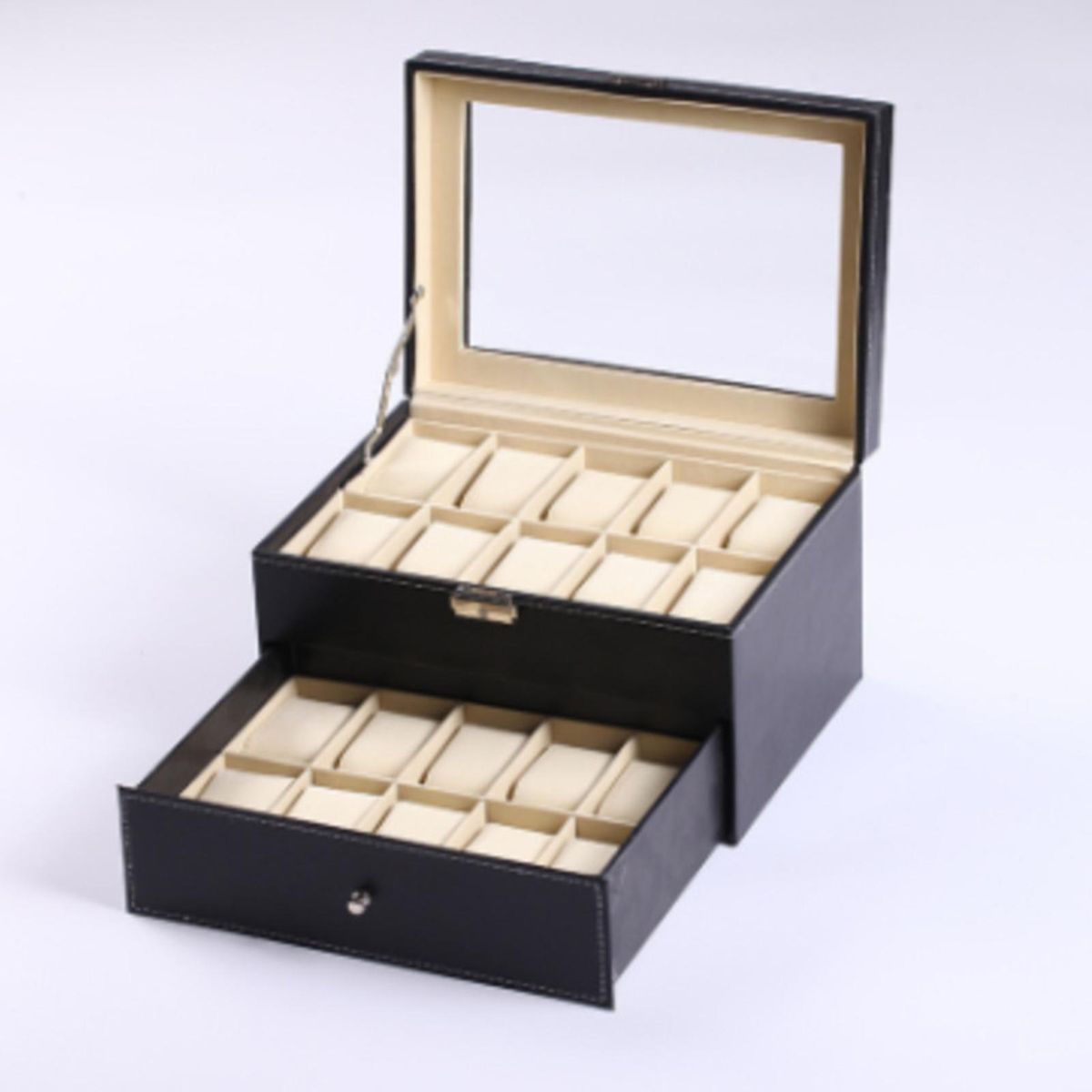 Double-layer Watch Storage Box Flannel Lining Fixed Buffer Buckle Lock Top Glass