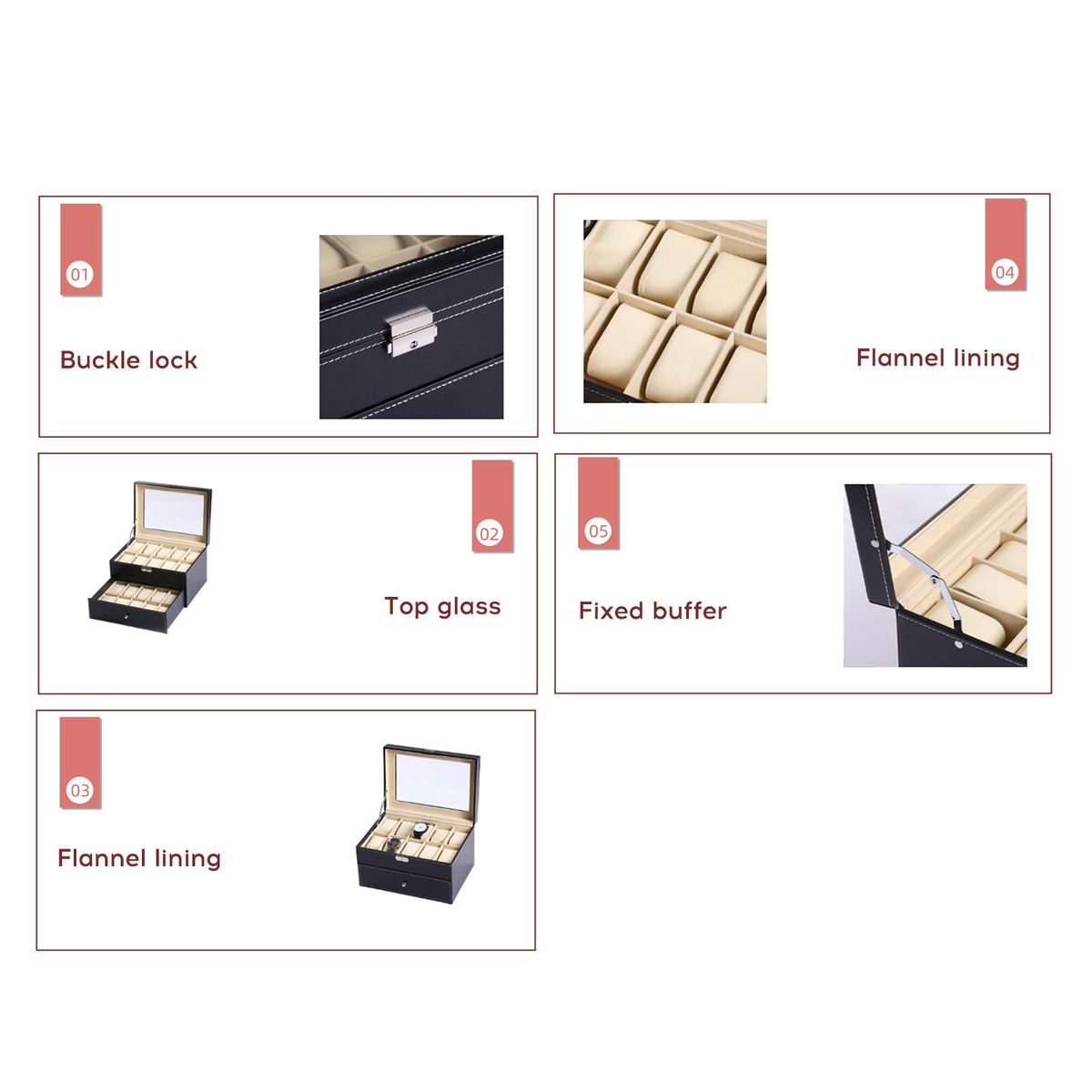 Double-layer Watch Storage Box Flannel Lining Fixed Buffer Buckle Lock Top Glass