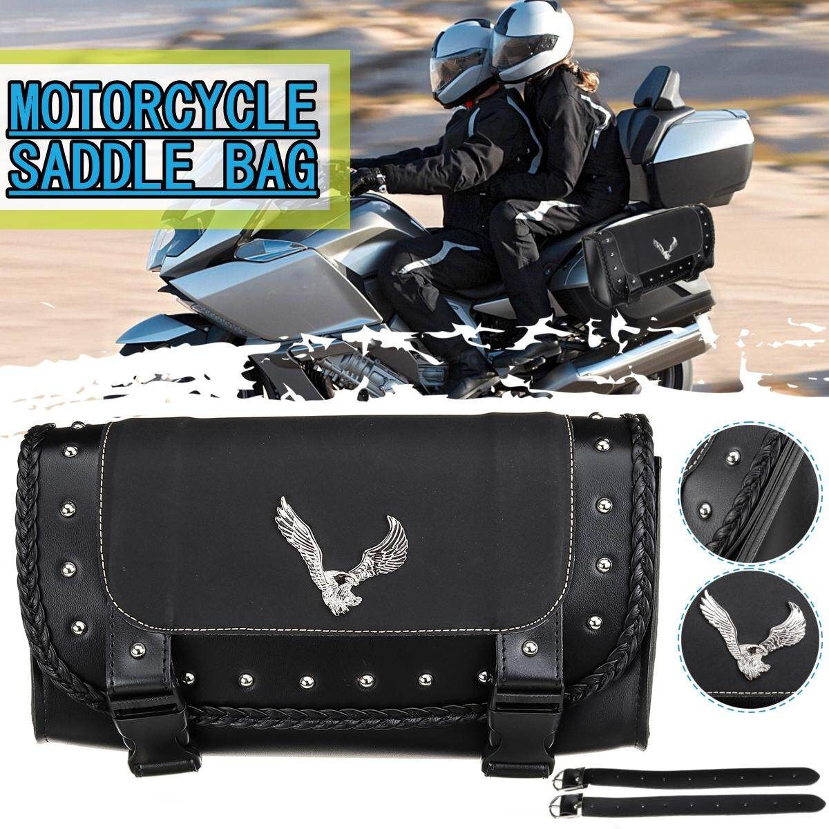 Black PU Leather Motorcycle Tool Bag Luggage Saddle Bag Universal For Harley