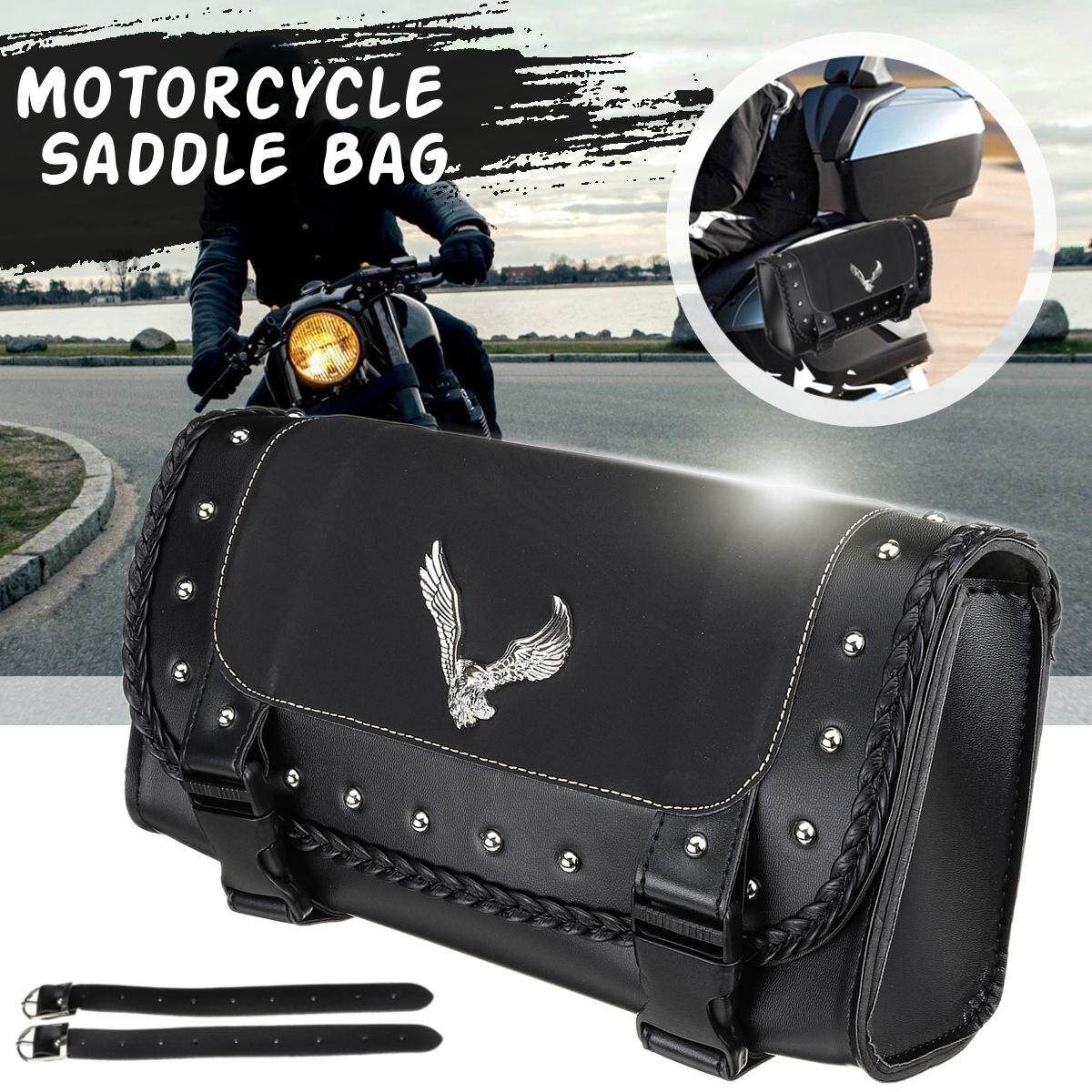 Black PU Leather Motorcycle Tool Bag Luggage Saddle Bag Universal For Harley