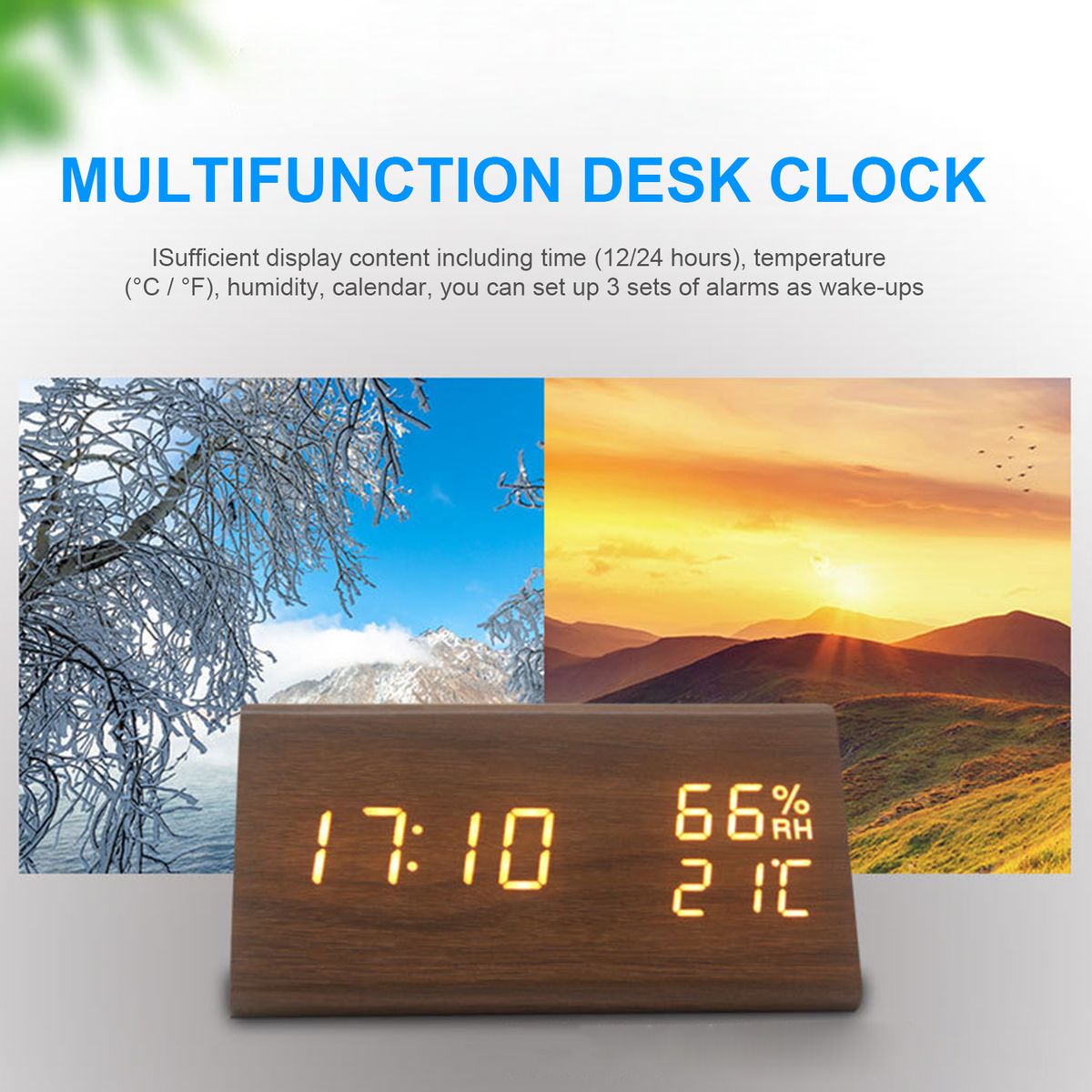 LED Wood Digital Alarm With Day Date Temperature Humidity 3