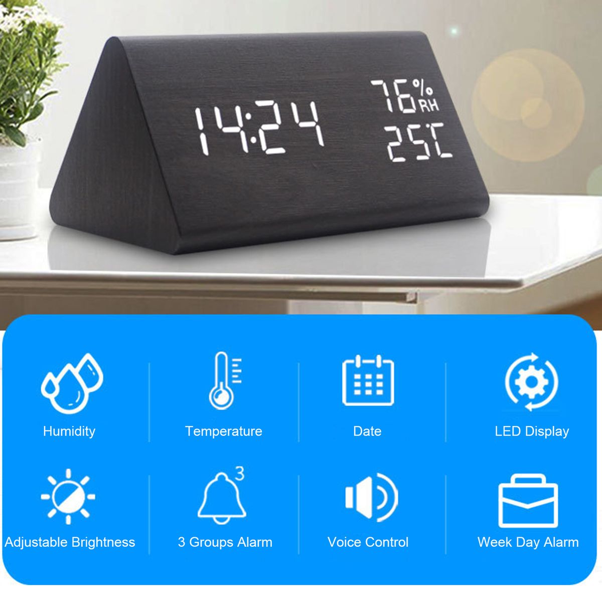 LED Wood Digital Alarm With Day Date Temperature Humidity 3
