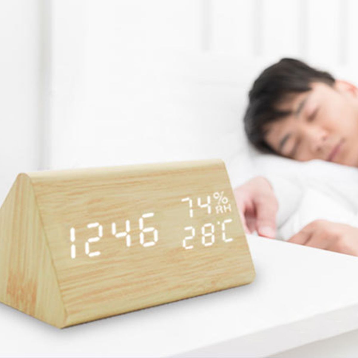 LED Wood Digital Alarm With Day Date Temperature Humidity 3