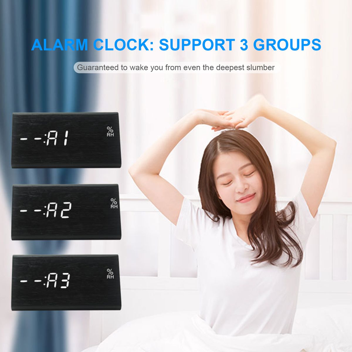 LED Wood Digital Alarm With Day Date Temperature Humidity 3