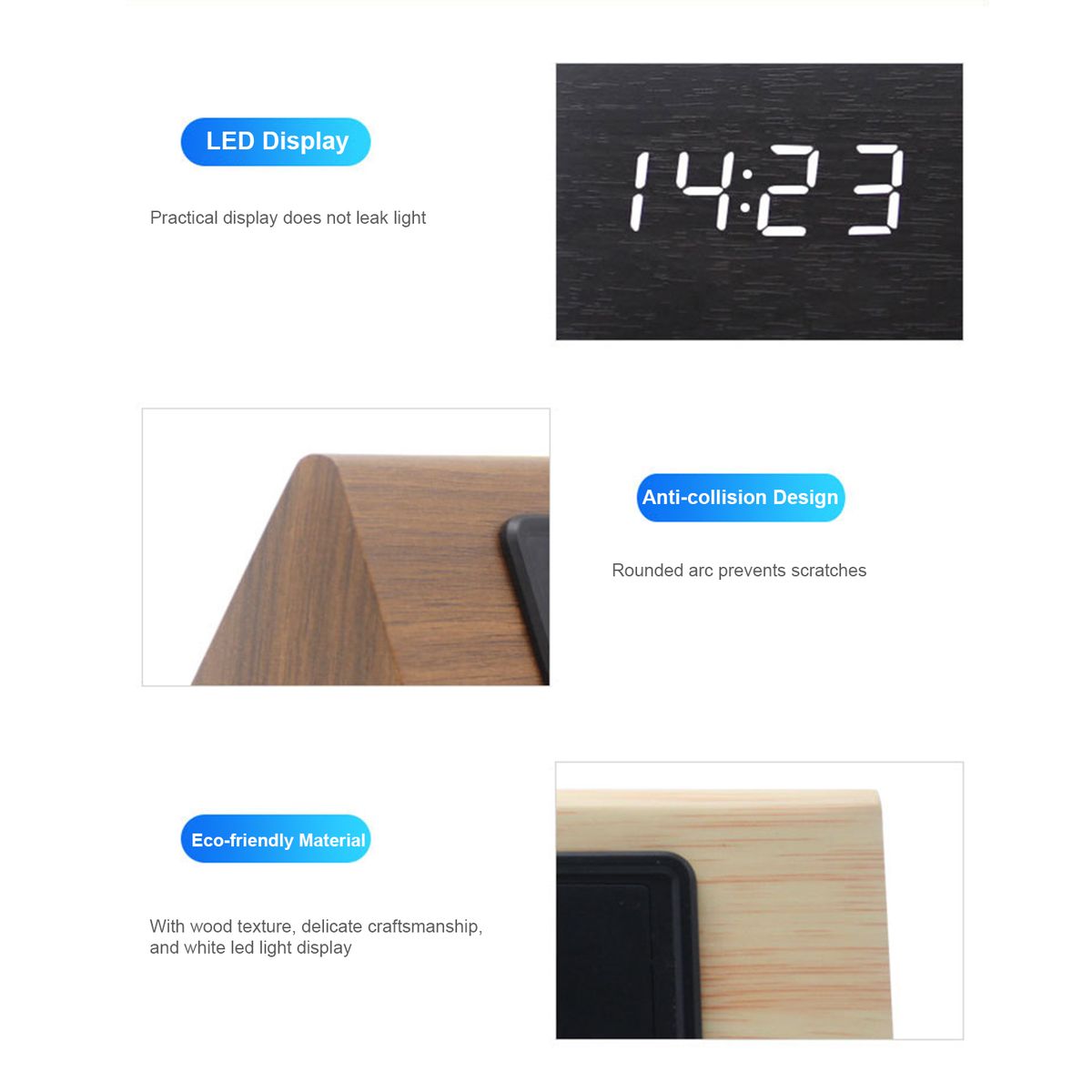 LED Wood Digital Alarm With Day Date Temperature Humidity 3