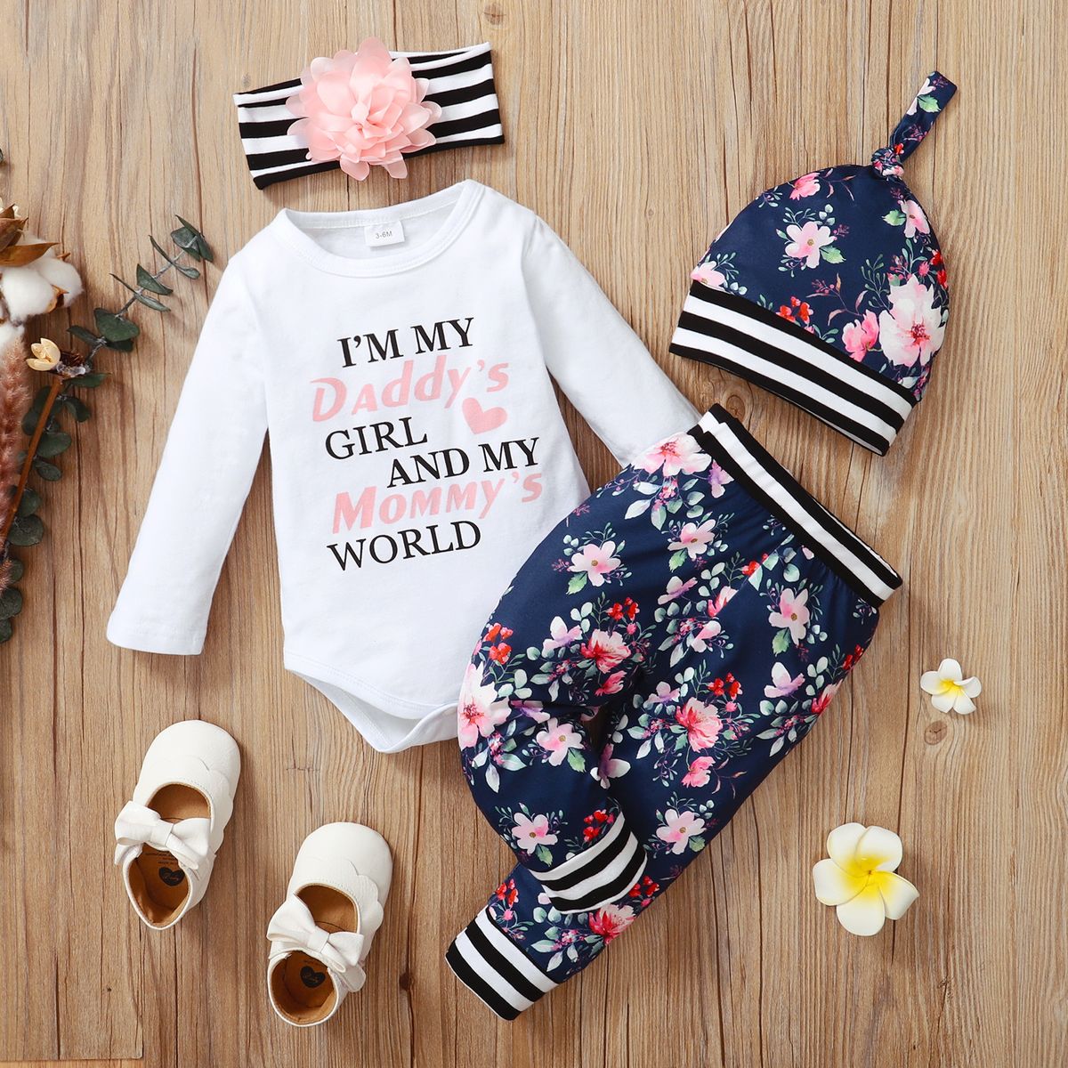 0-18 Months Baby Girl Bodysuit+ Floral Pants+Headwear Hat