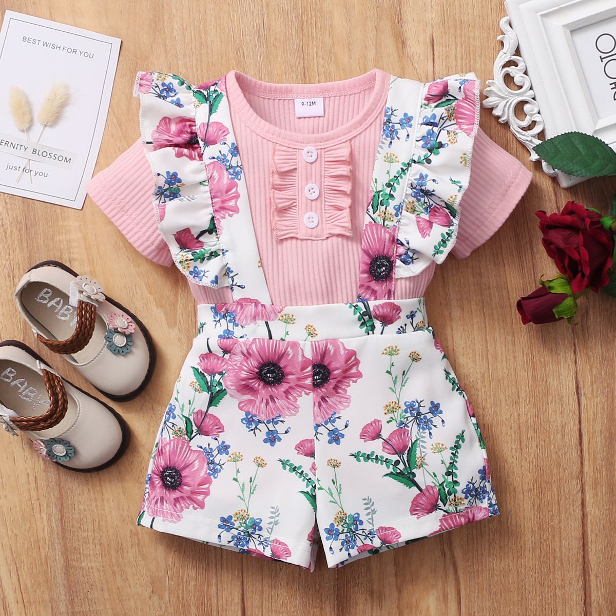 Newborn Baby Girls Cute Outfit Set Floral Design Short Sleeve Ribbed Shirt