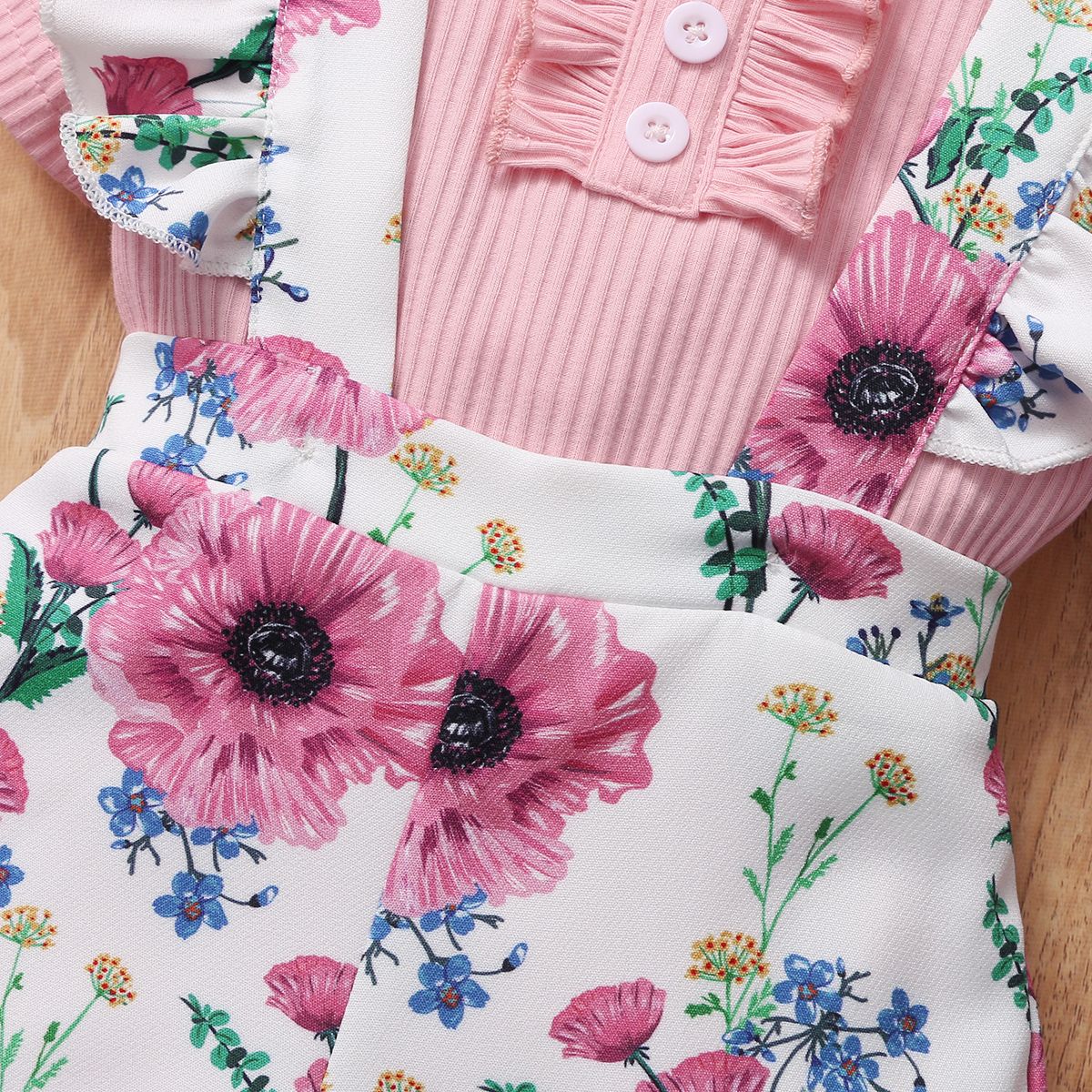 Newborn Baby Girls Cute Outfit Set Floral Design Short Sleeve Ribbed Shirt
