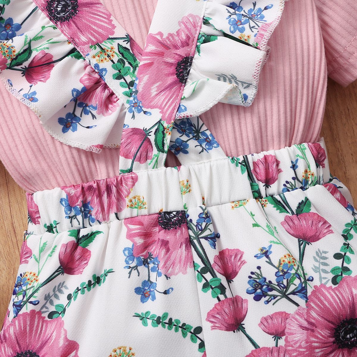 Newborn Baby Girls Cute Outfit Set Floral Design Short Sleeve Ribbed Shirt