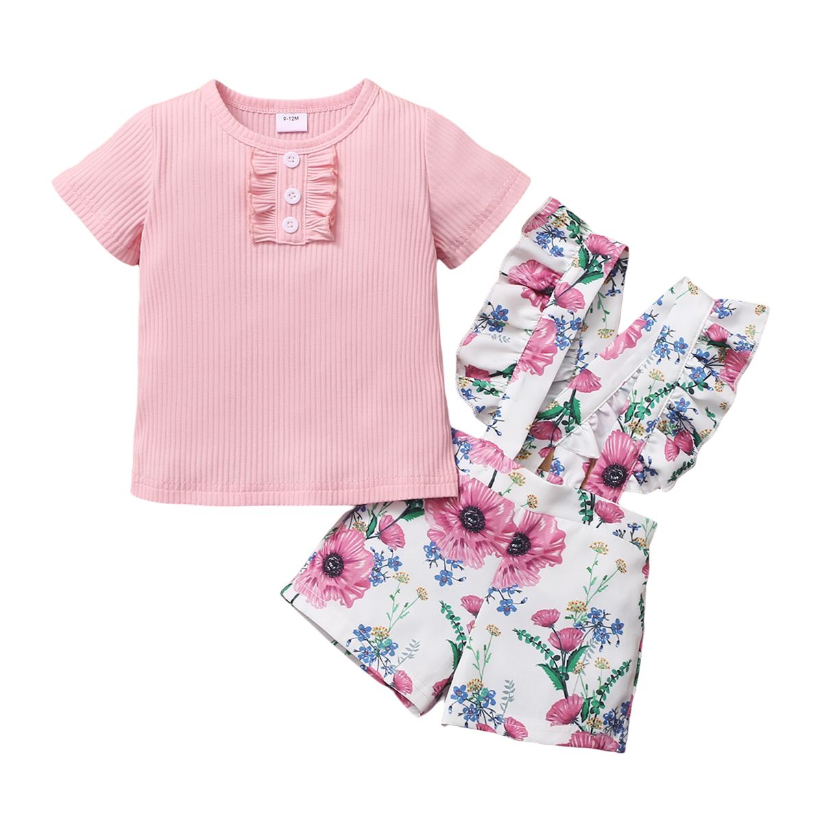 Newborn Baby Girls Cute Outfit Set Floral Design Short Sleeve Ribbed Shirt