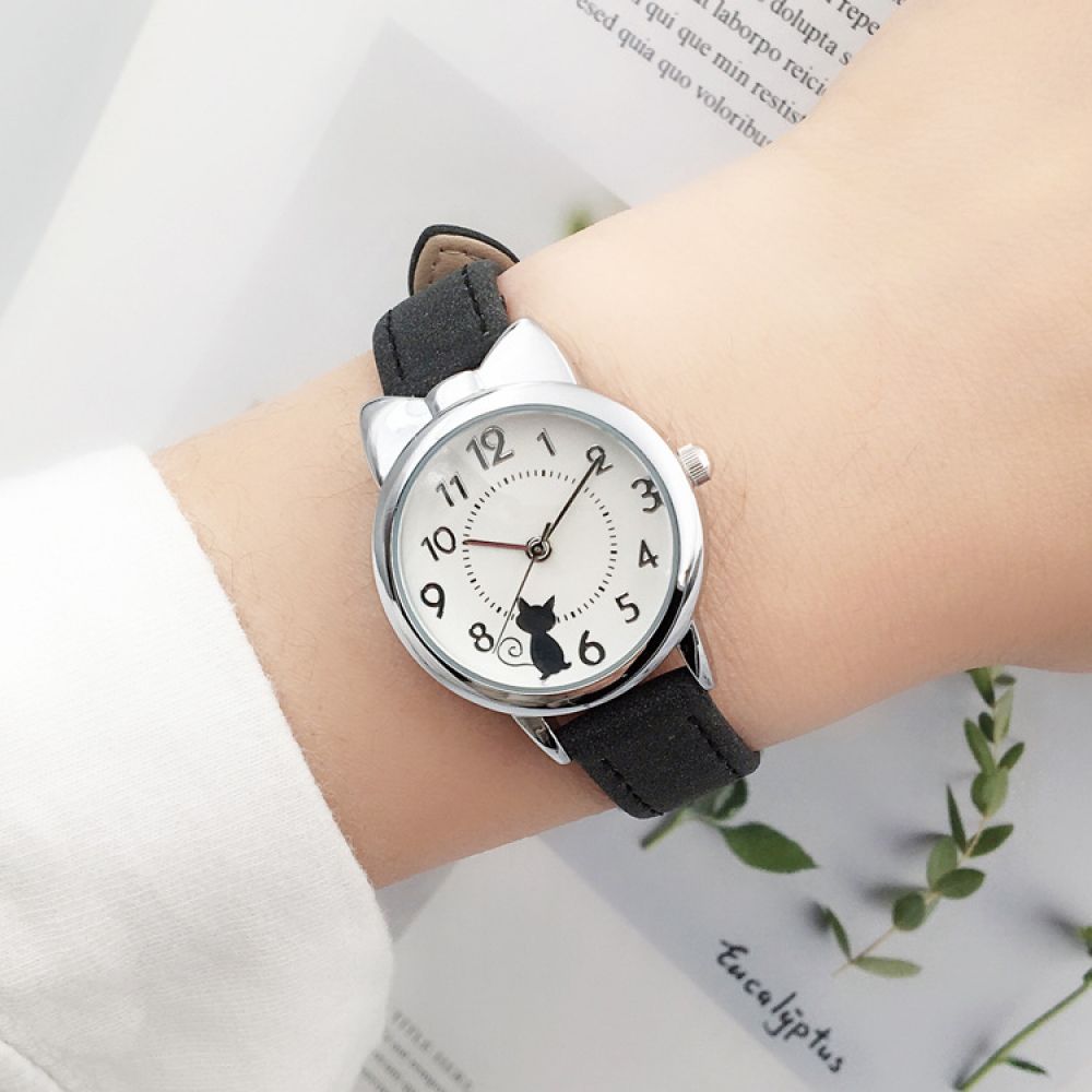 Girl Watch Watch Cat Multi-Color Quartz Watches Clocks for Girl Wristwatch Rosette Watches Colorful Student Watches for Girls (Silver-Black)