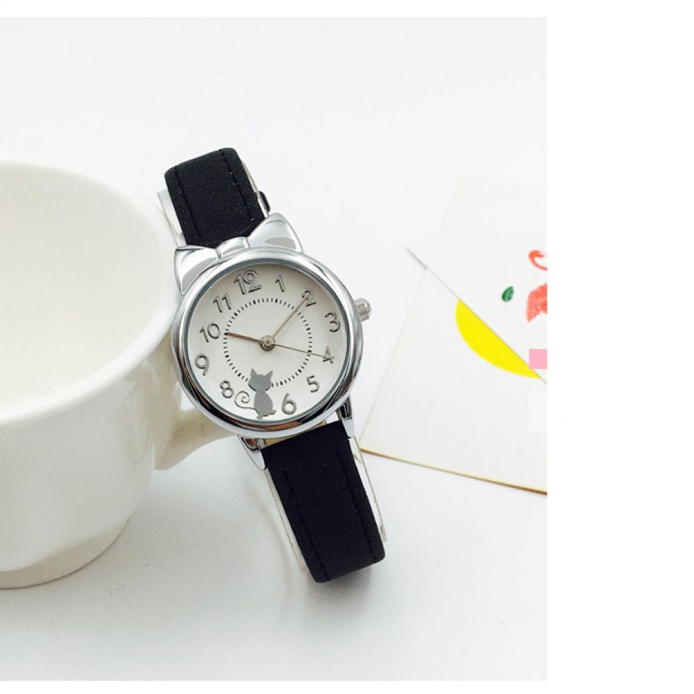 Girl Watch Watch Cat Multi-Color Quartz Watches Clocks for Girl Wristwatch Rosette Watches Colorful Student Watches for Girls (Silver-Black)