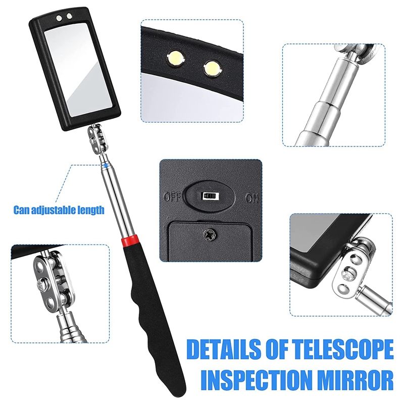 4 Pcs Telescoping  Mirror LED Lighted Flexible  Mirror Round Mirror Square Mirror  Tool-Black  Red