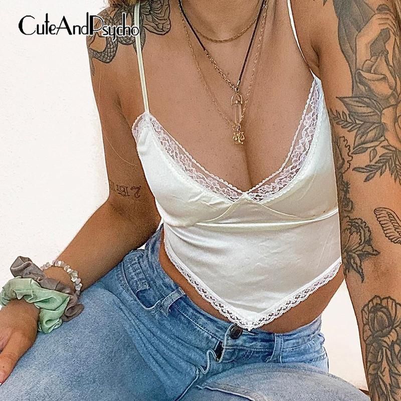 Cuteandpsycho-lace camisole with bare back for women sexy 90-collar blouse Top with fine struts for nightclub Short short t-shirt