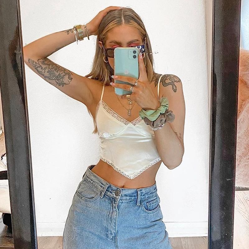 Cuteandpsycho-lace camisole with bare back for women sexy 90-collar blouse Top with fine struts for nightclub Short short t-shirt