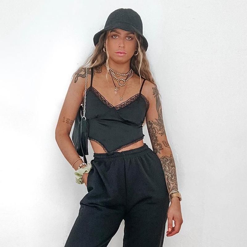 Cuteandpsycho-lace camisole with bare back for women sexy 90-collar blouse Top with fine struts for nightclub Short short t-shirt