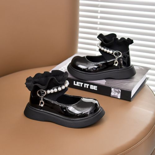 Girls Mary Jane Slip On Shoes Kids Flat Princess Shoes (Black)