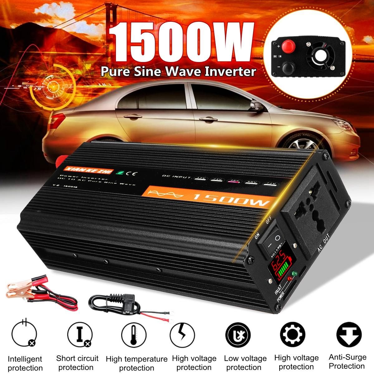 Peak 1500W Pure Sine Wave Inverter 24v LCD Display Car Carvan Converter-24V