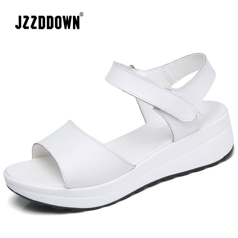 Genuine Leather Women Sandals Shoes Platform Ladies White Sneakers Sandals Shoe 2018 Summer Open Toe Fashion High Heel Footwear
