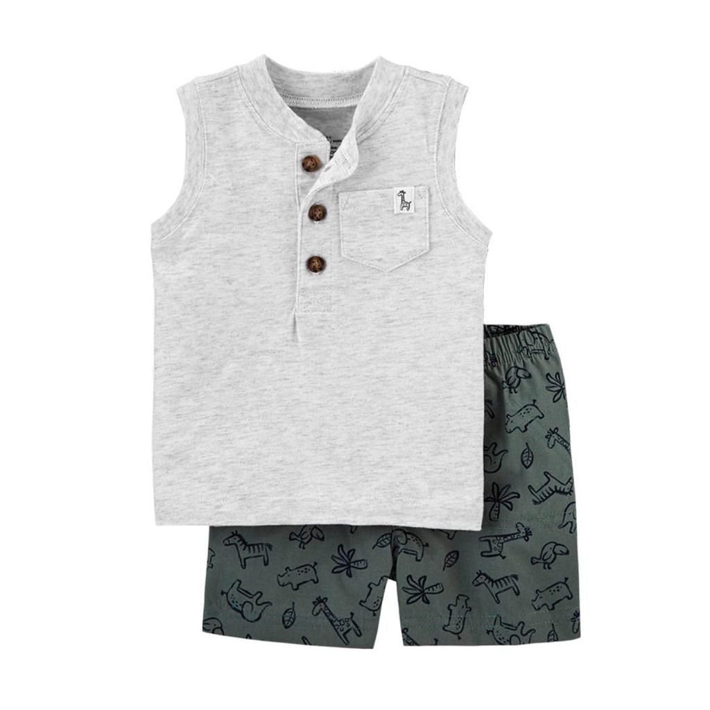 Boys Grey Top And Army Green Short 2 Piece Sey